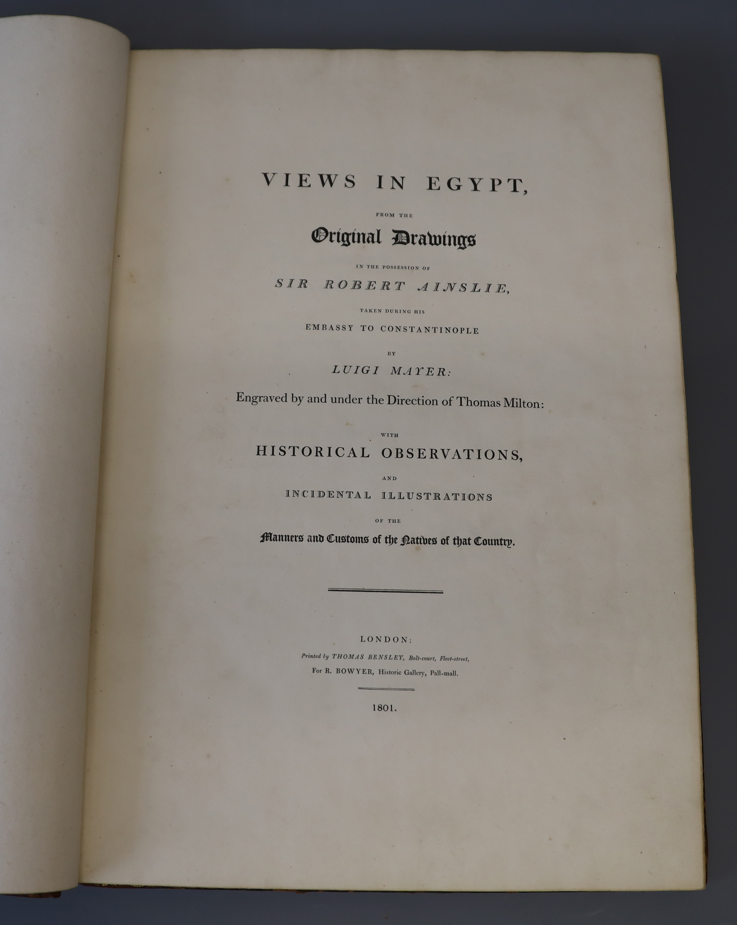 Mayer, Luigi - Views in Egypt, 1st edition, folio, diced calf, rebacked, with 48 hand-coloured aquatint plates by Thomas Milton, after